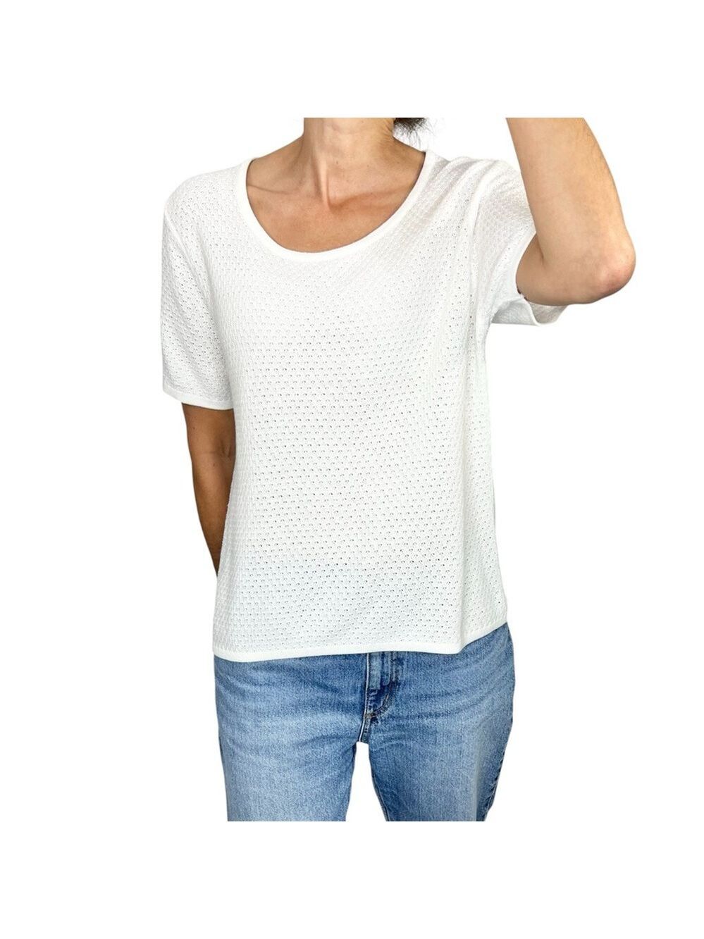 Minimalist boxy cotton blend white open knit short sleeve round neck sweater L